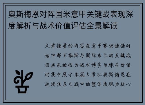 奥斯梅恩对阵国米意甲关键战表现深度解析与战术价值评估全景解读